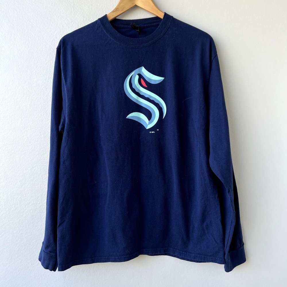 Seattle Kraken NHL Screen Print Long Sleeve Unisex Shirt Size Large Blue